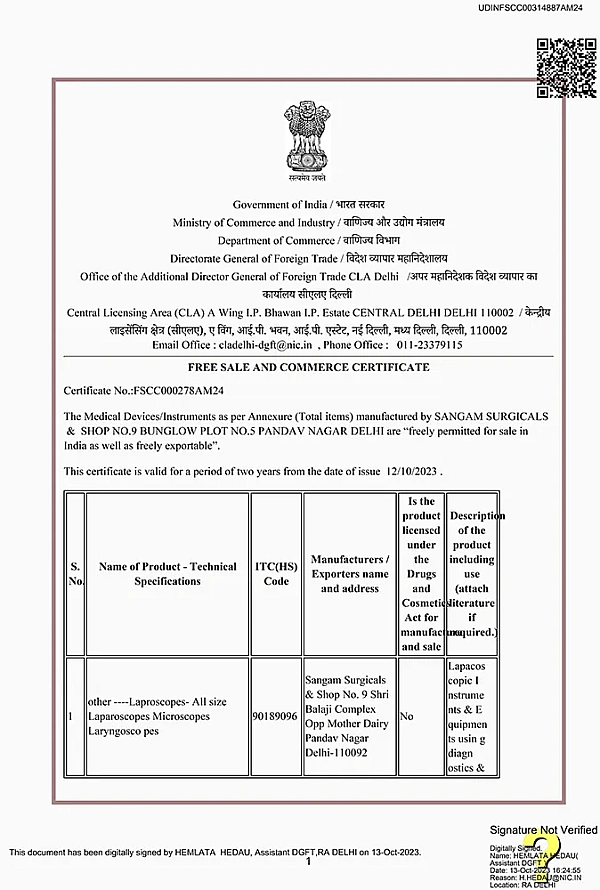 Free Sale and Commerce Certificate